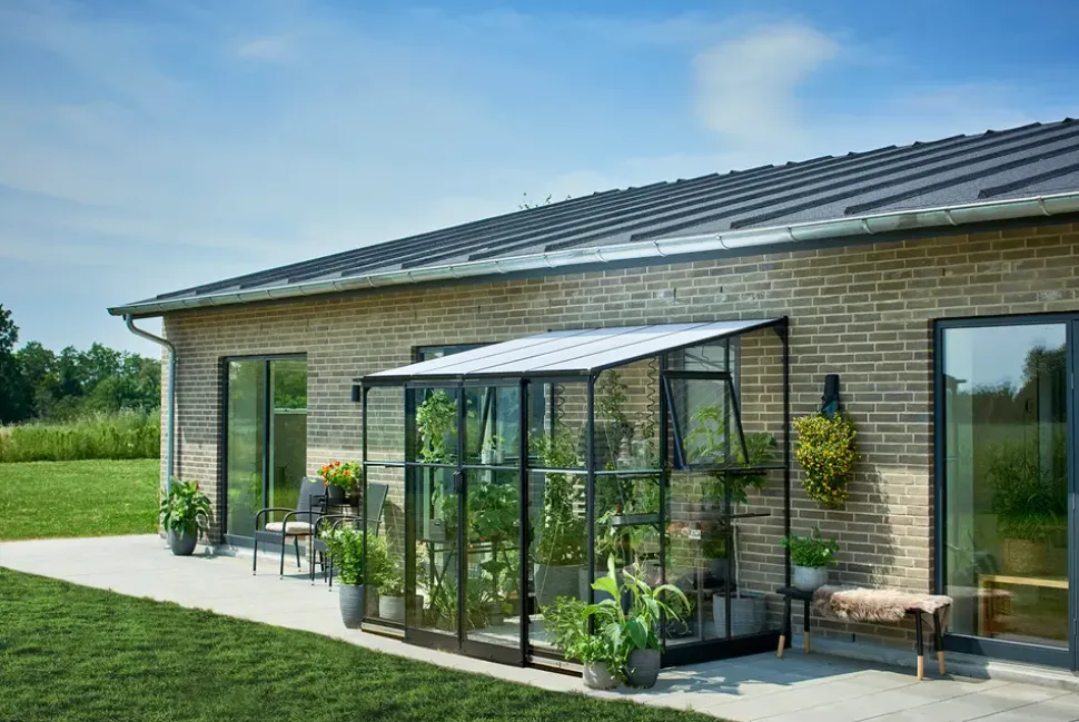 Halls Drivhus Qube Lean-to 68 hærdet glas - sort