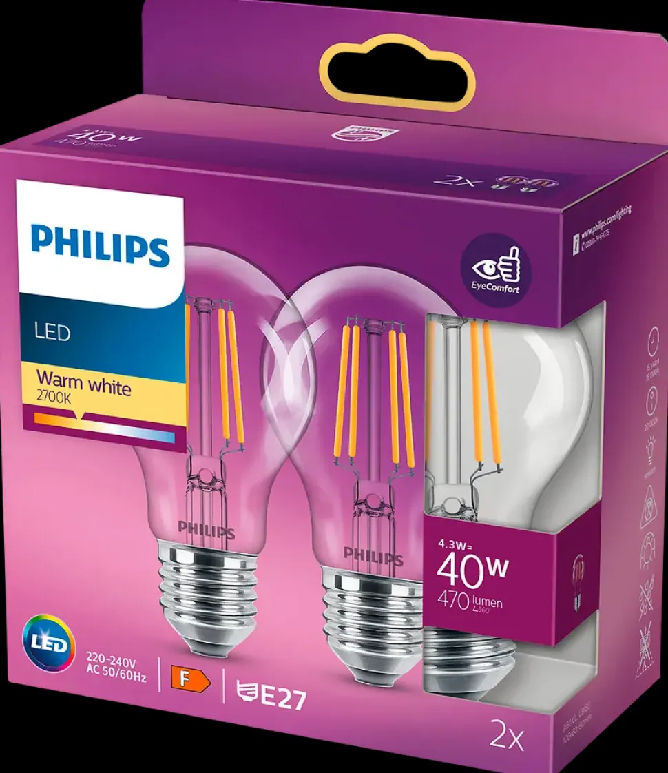 PHILIPS LED-filamentpære 4,3W E27 2-pak