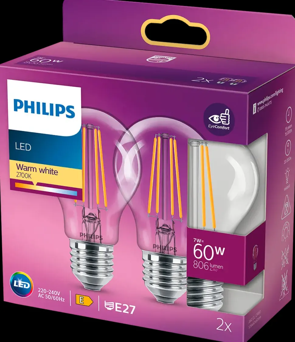 PHILIPS LED-filamentpære 7W E27 2-pak