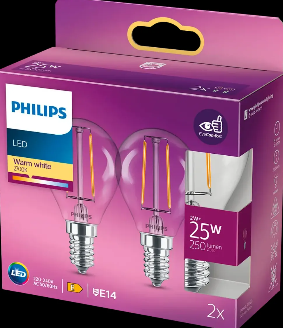 PHILIPS LED-filamentpære 2W E14 2-pak